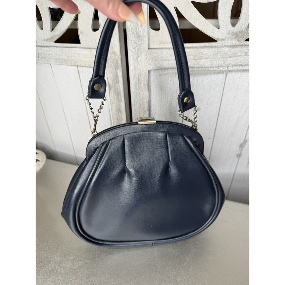 Vintage 1960s Navy Purse Bag Snap Frame Faux Leather Hollywood Glam
